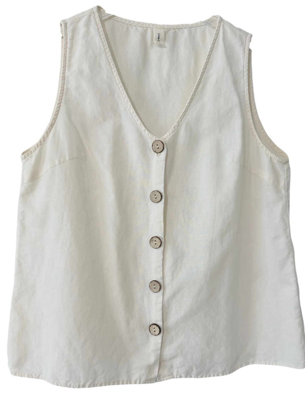 Linen Sleeveless Button-Front V-Neck Top - White Size Medium